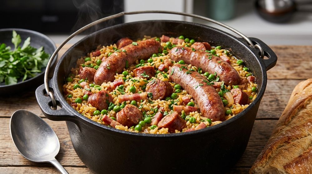 Marmite en fonte de riz, petits pois, lardons et saucisses de Toulouse